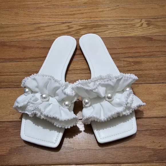 White Ruffled Slide Sandals with Pearls - Picture 1 of 5